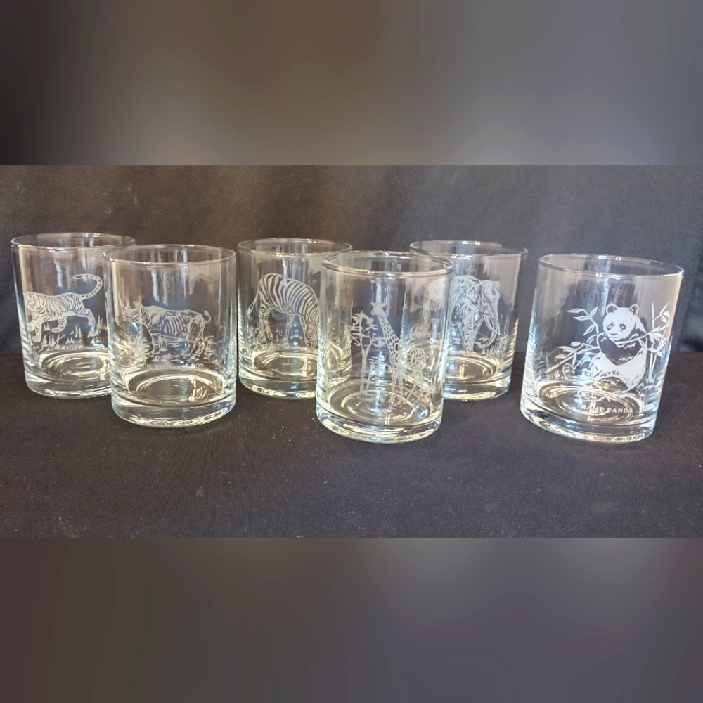 VTG Wild Animals Motif Whiskey Glasses (Set Of 6) EUC